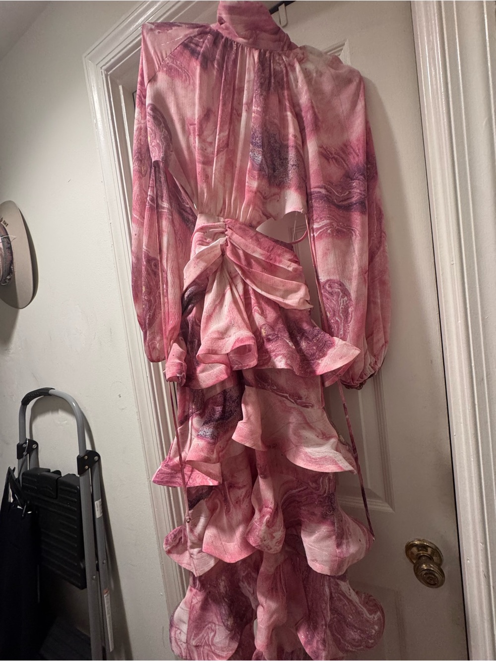 Elliatt Pink Marble-Print Ruffle Tiered Maxi Dress